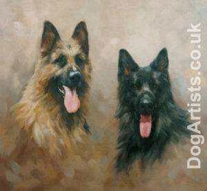 custom pet portraits -2 german shepherds with a brown background