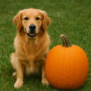 dog sitting next to pumpkin