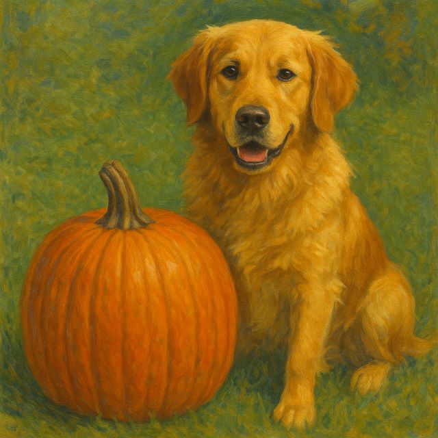 Painting of golden retriever with pumpkin painting of golden retriever with pumpkin