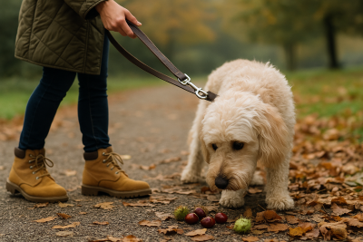 dog looking at conkers