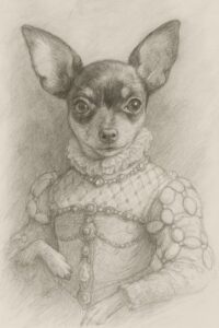 Concept sketch of a Renaissance-style dog portrait by Dog Artists, showing the early stages of a hand-painted Prazsky Krysarik artwork.